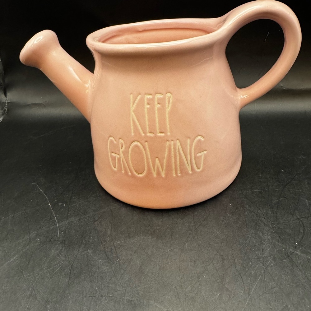 Rae Dunn “Keep Growing” Pink With White Letters Watering Pitcher /Plant Holder